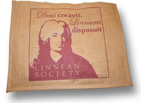 Jute shopping bag with red printed illustration of Carl Linnaeus