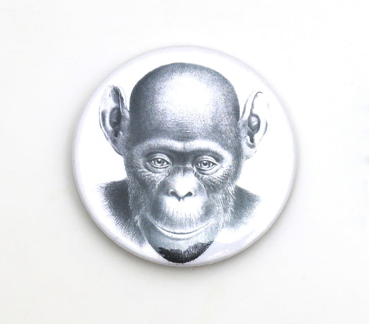 White pin badge with illustration of chimpanzee